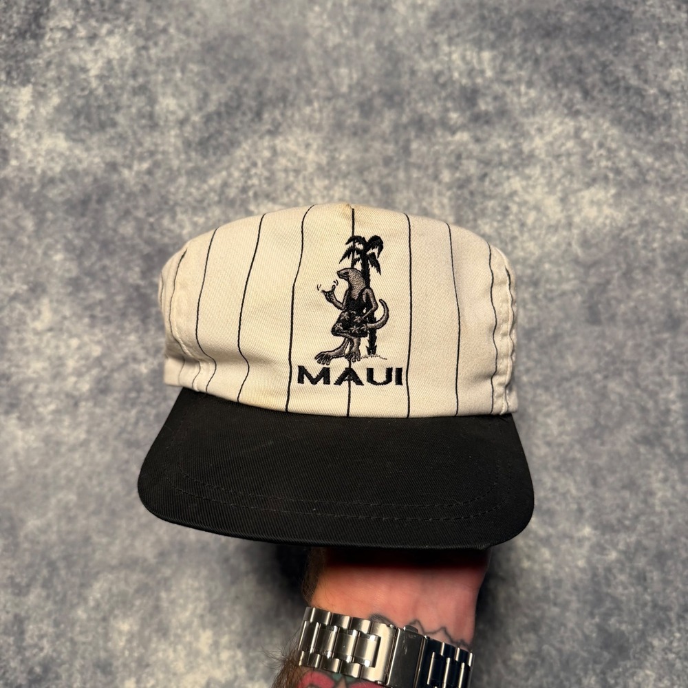 VTG 90s Maui Hawaii Pinstripe Hat Embroidered Lizard Surf Cream Strapback Cap